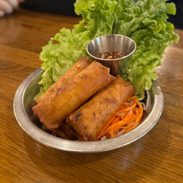 Three crispy spring rolls with lettuce, shredded carrots, and a dipping sauce in a metal bowl.