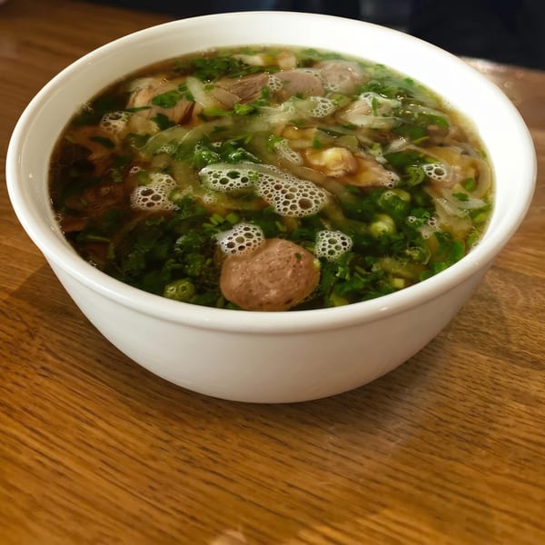 Close-up of a white bowl filled with pho, showing broth, meat, noodles, and green onions.